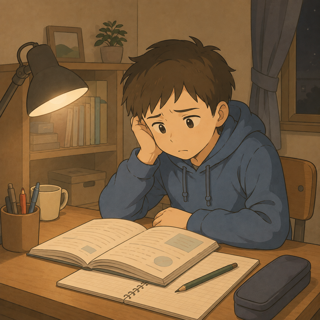 難しくなった教科書の前で固まる次男のイメージイラスト