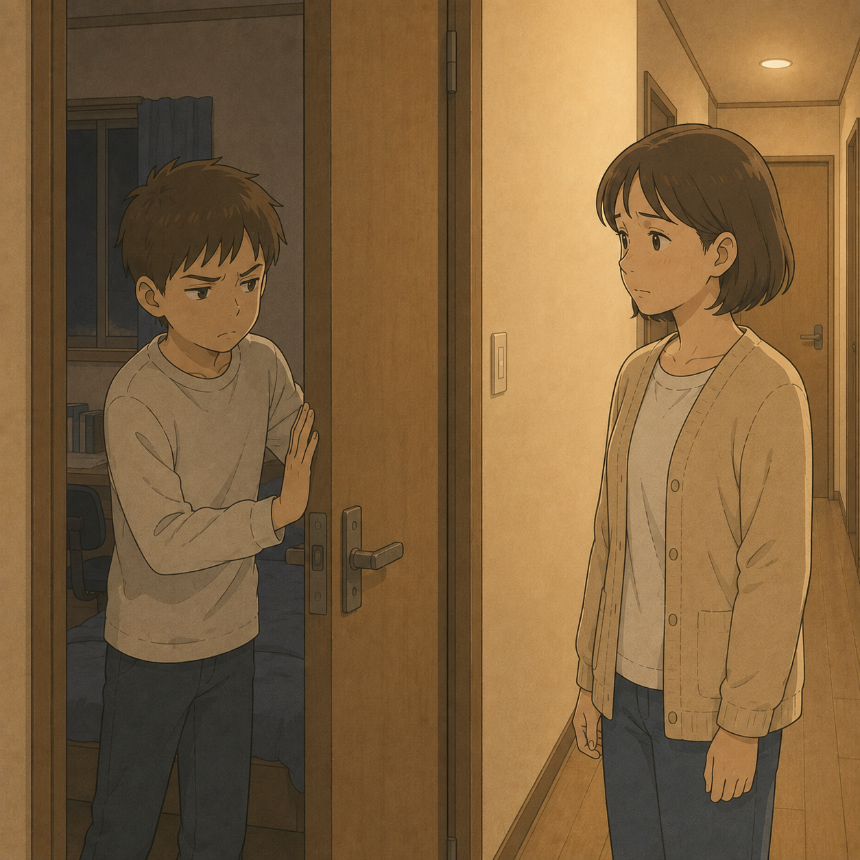 部屋のドアを閉める長男と廊下に立つ母のイメージイラスト