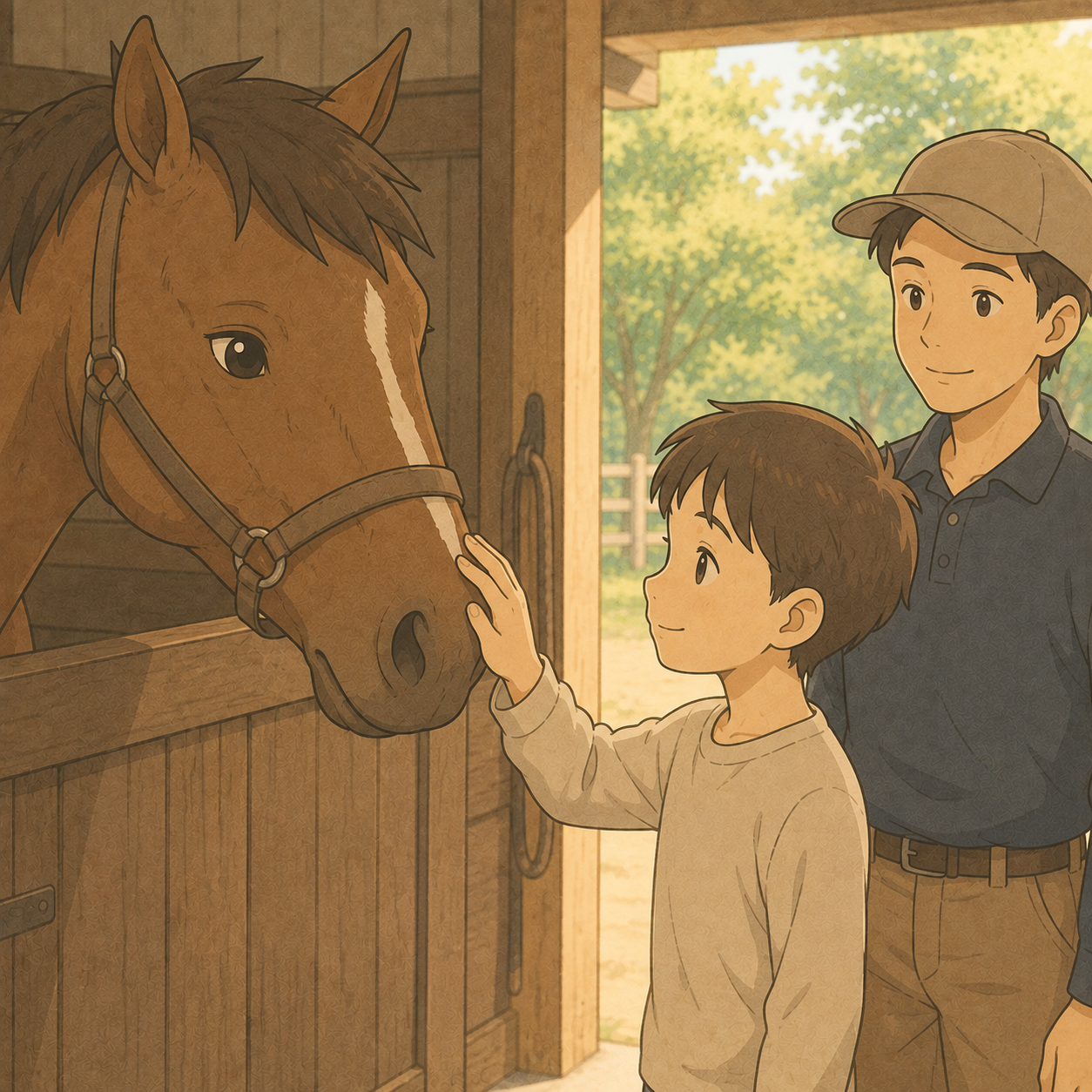 厩舎で馬をなでる子と見守る指導者のイメージイラスト
