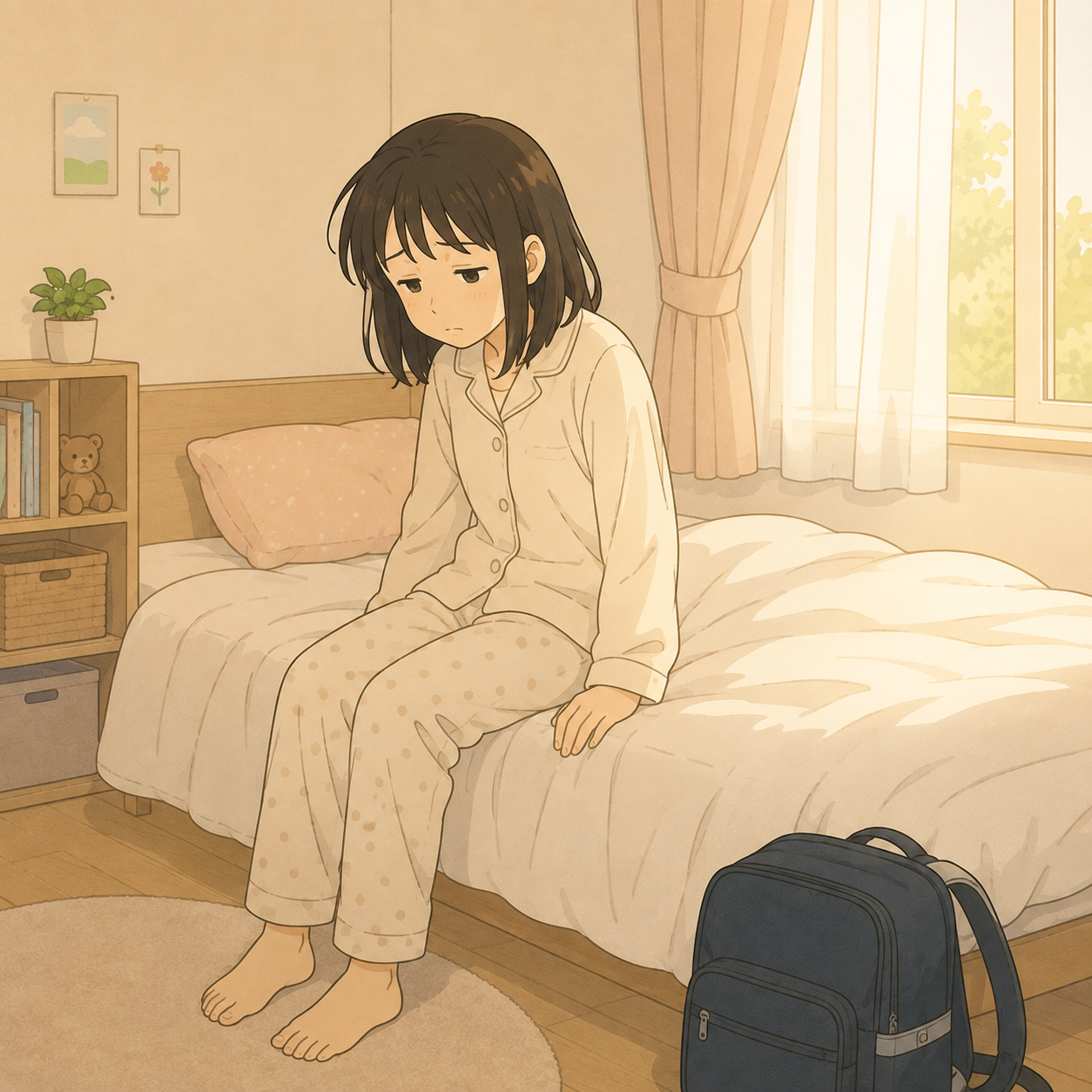朝、パジャマのままベッドから動けない中学生のイメージイラスト
