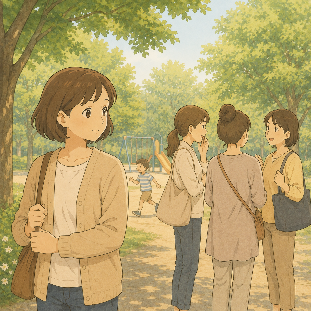 公園でママ友の輪から少し離れて子を見守る母のイメージイラスト