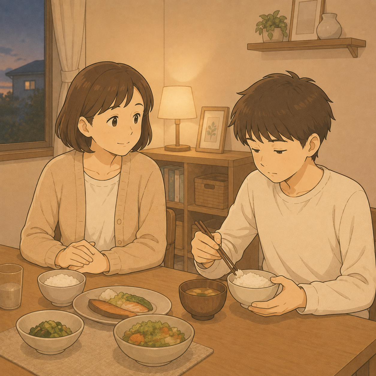 食卓で母が話しかけ一言で返す高校生年代の息子のイメージイラスト