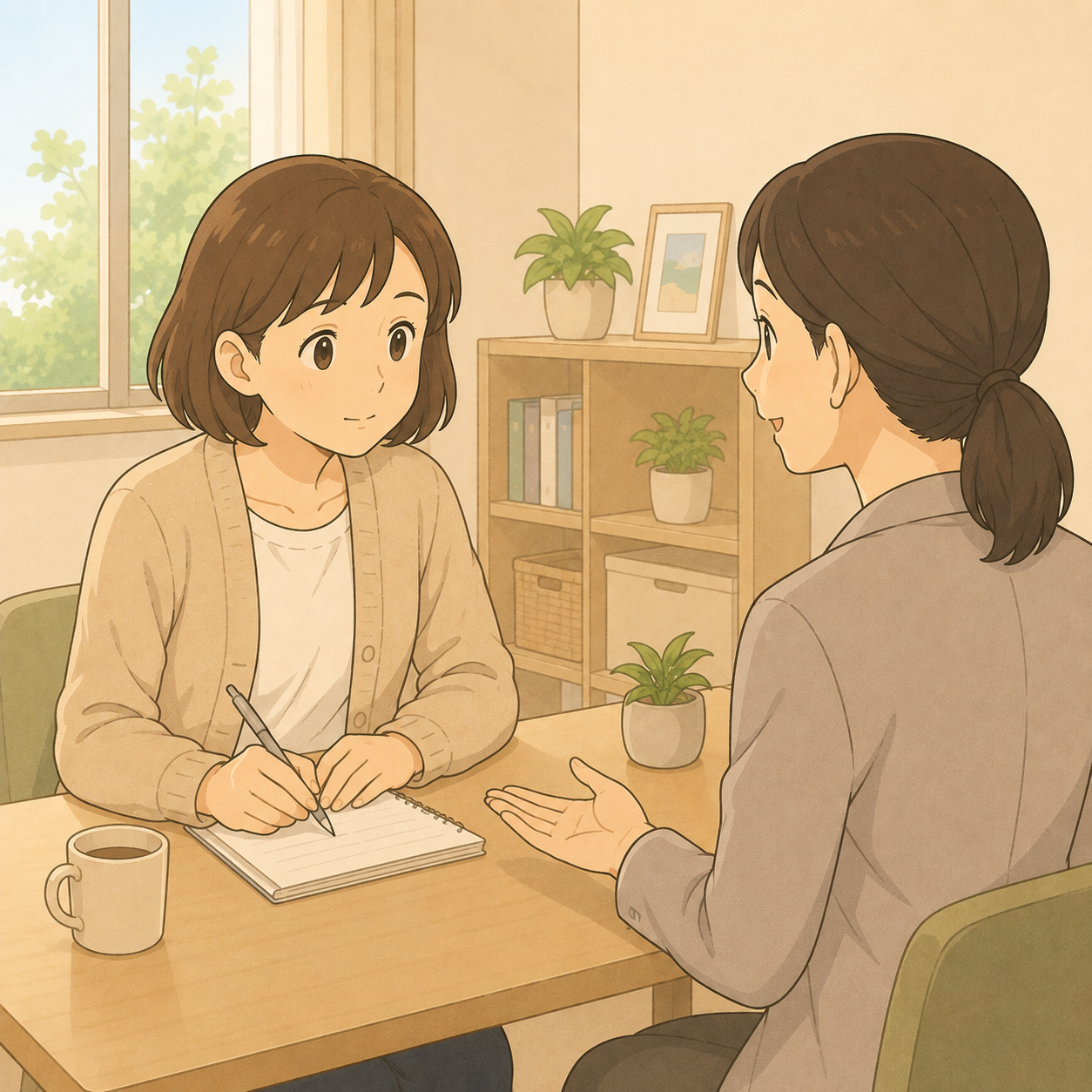 支援センターで相談員の話を聞きメモを取る母のイメージイラスト