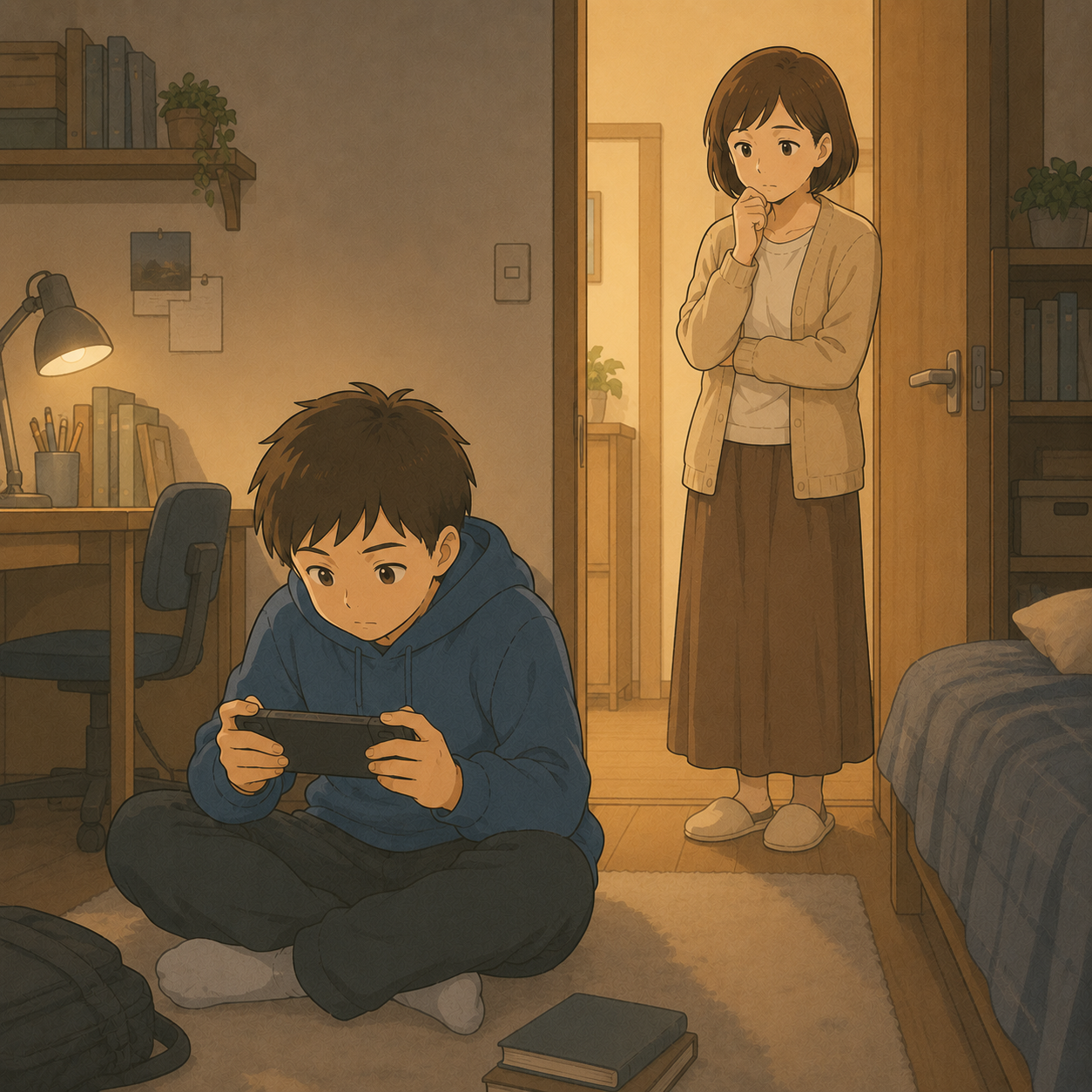 ゲームに没頭する子と声をかけるか迷う母のイメージイラスト
