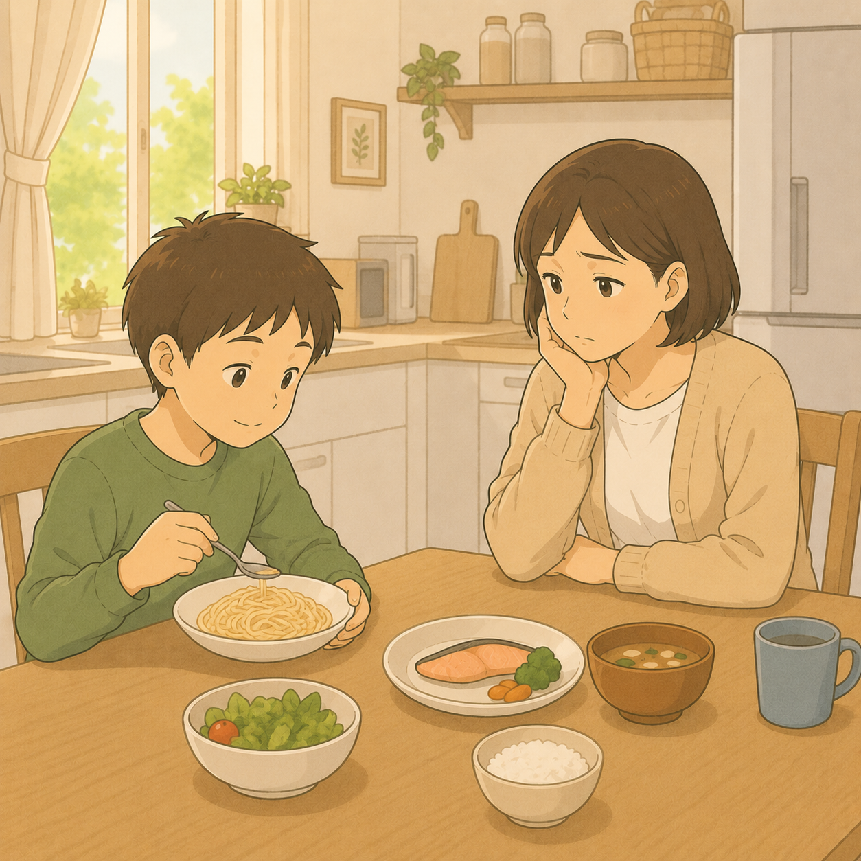 食卓で好きなものだけ食べる子と心配そうに見守る母のイメージイラスト
