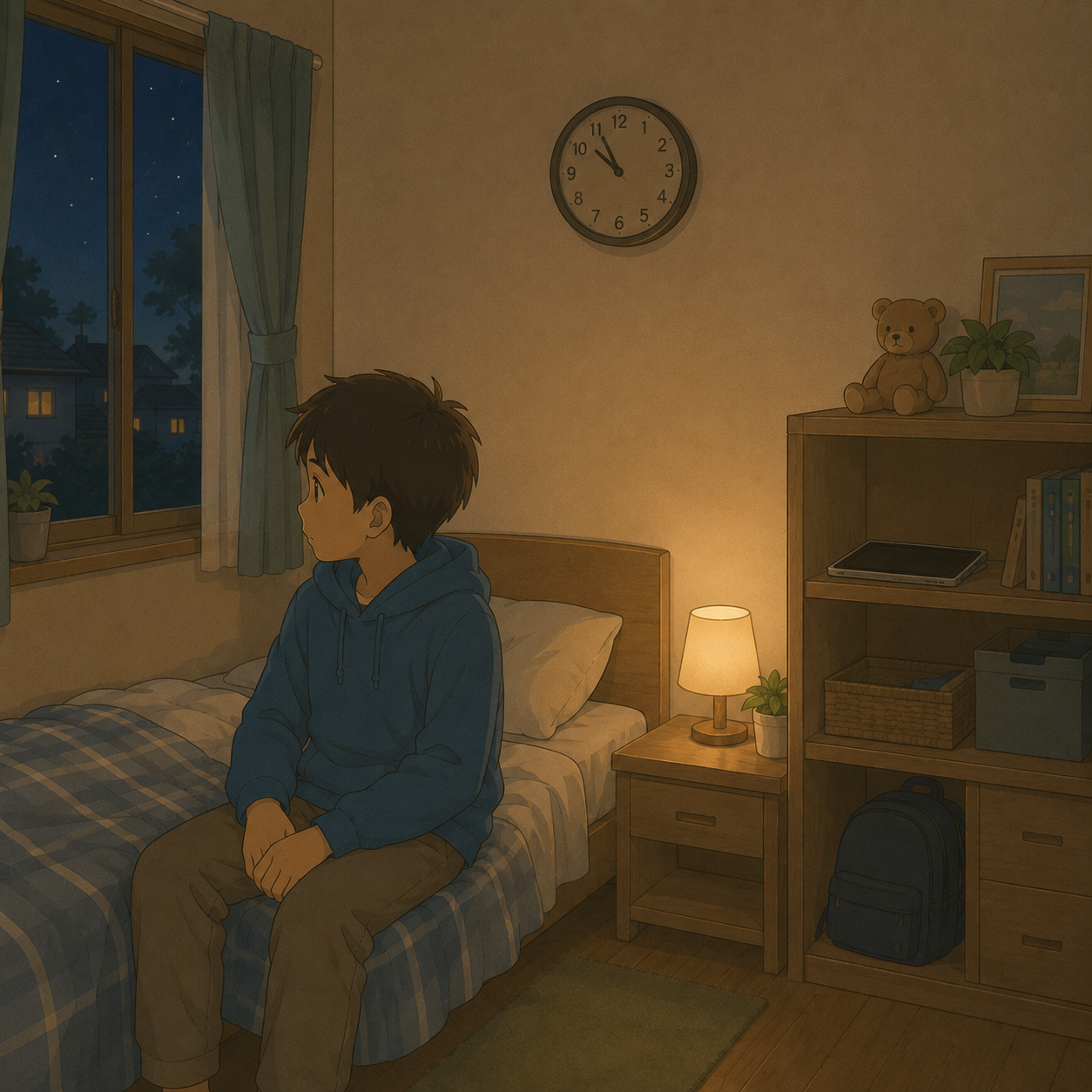 夜の子ども部屋でベッドに座る中学生