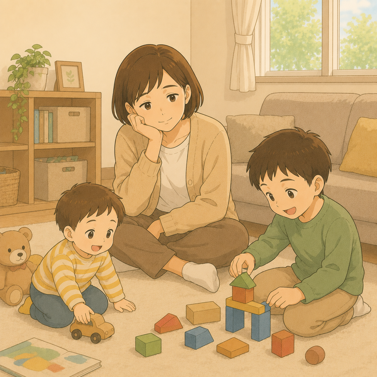 幼い兄弟2人を見守る若い母のイメージイラスト
