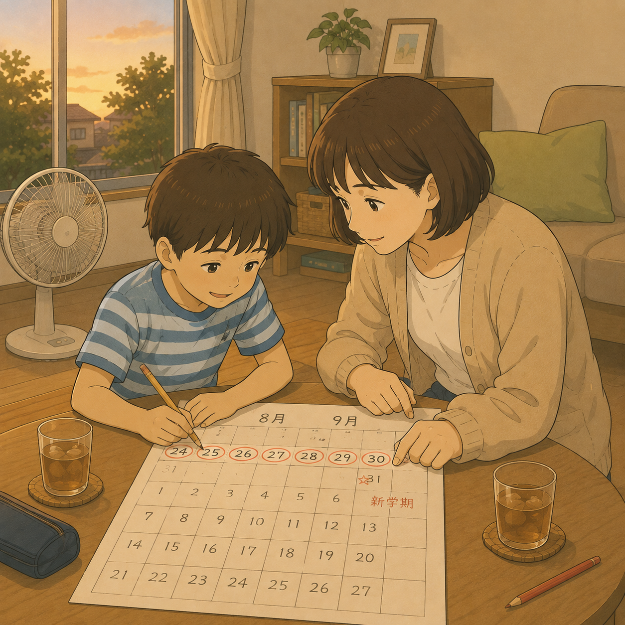2学期前にカレンダーで見通しを立てる親子