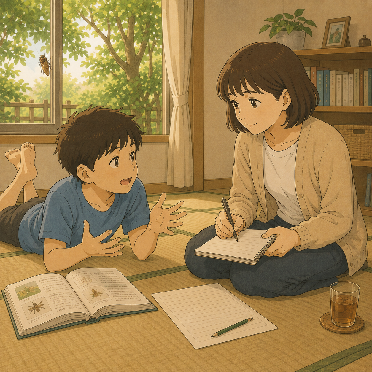 子どもの話を聞き取ってメモする母