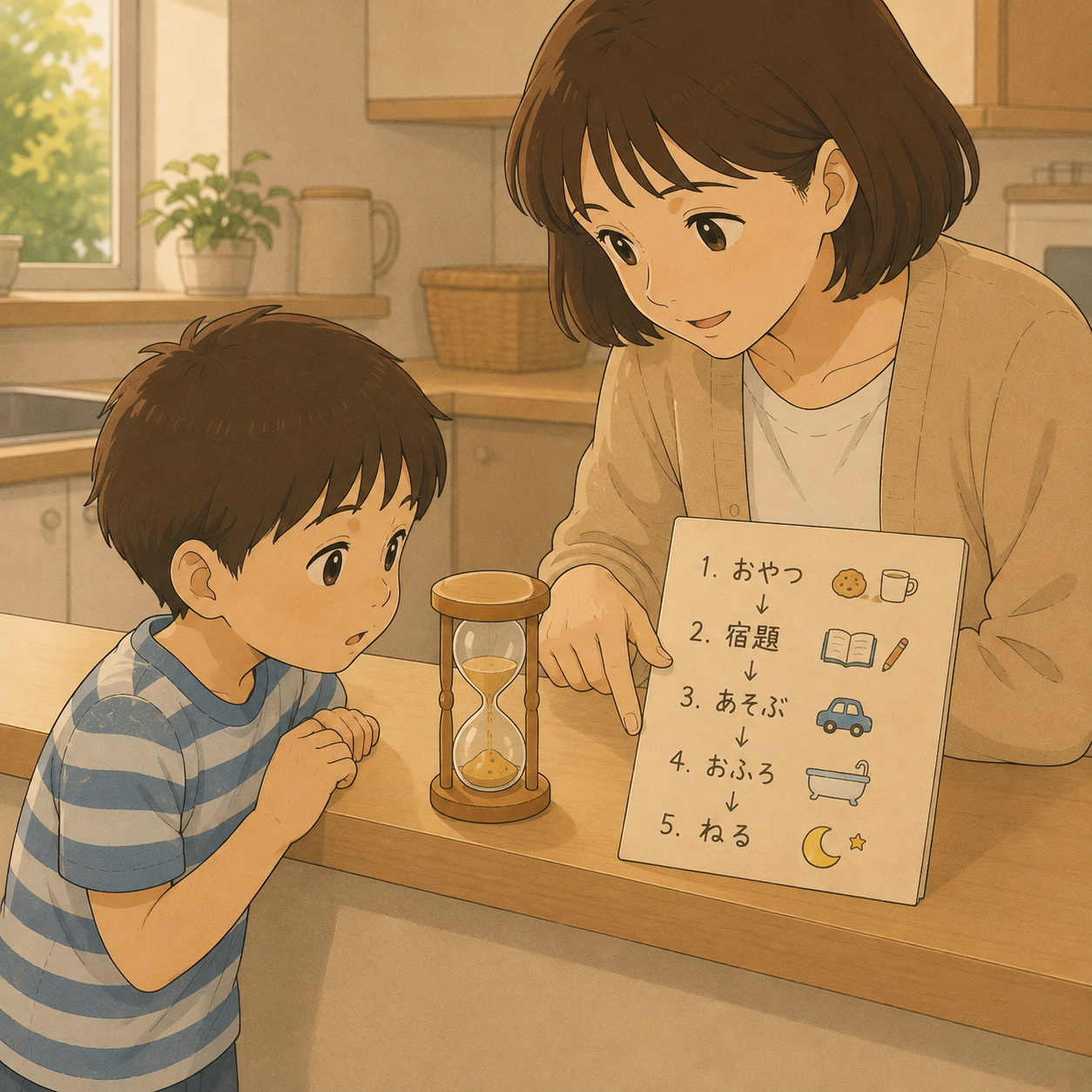 砂時計と手順表で見通しを伝える母子