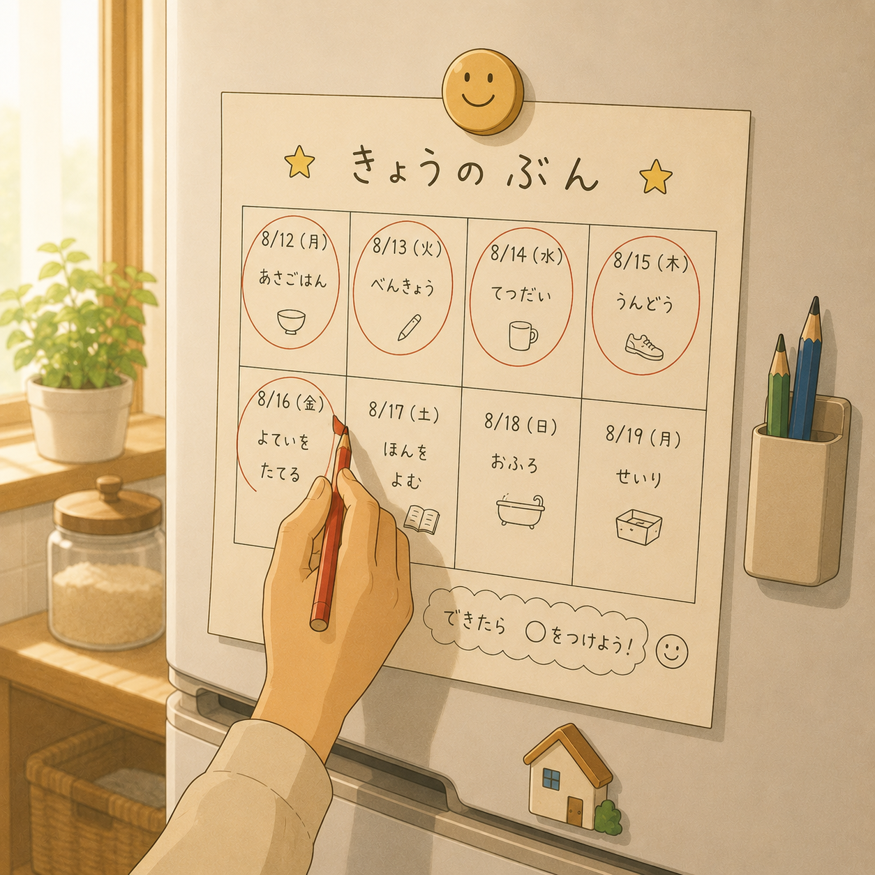 冷蔵庫に貼った今日の分の表に丸をつける