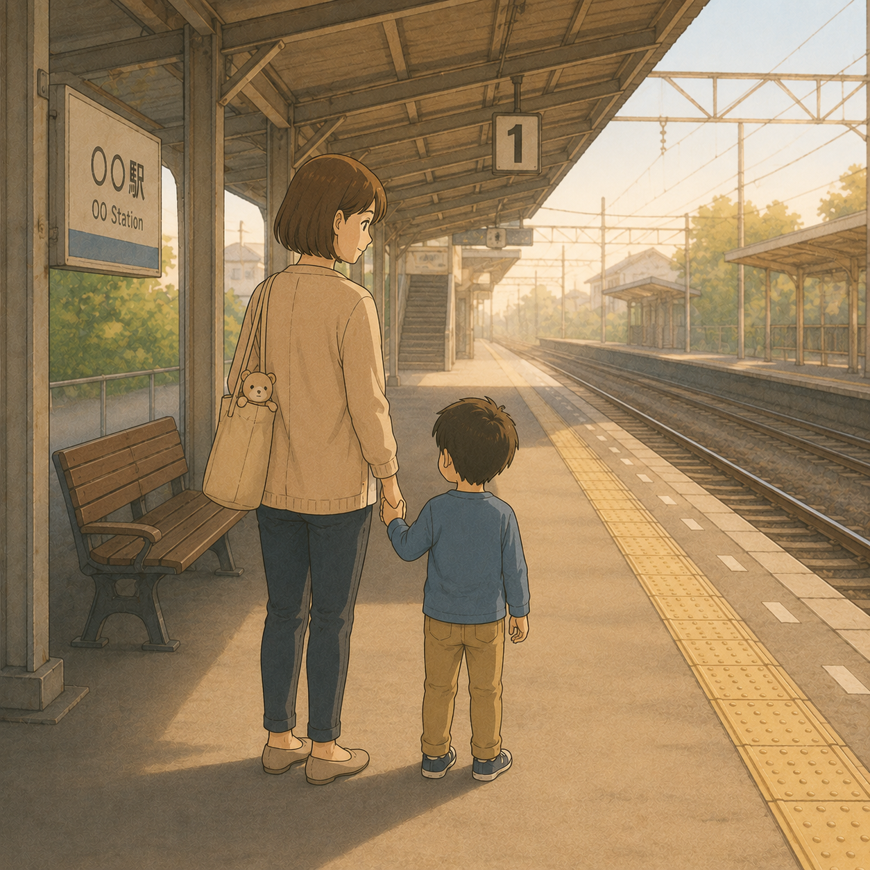すいた時間の駅のホームで手をつなぐ母子