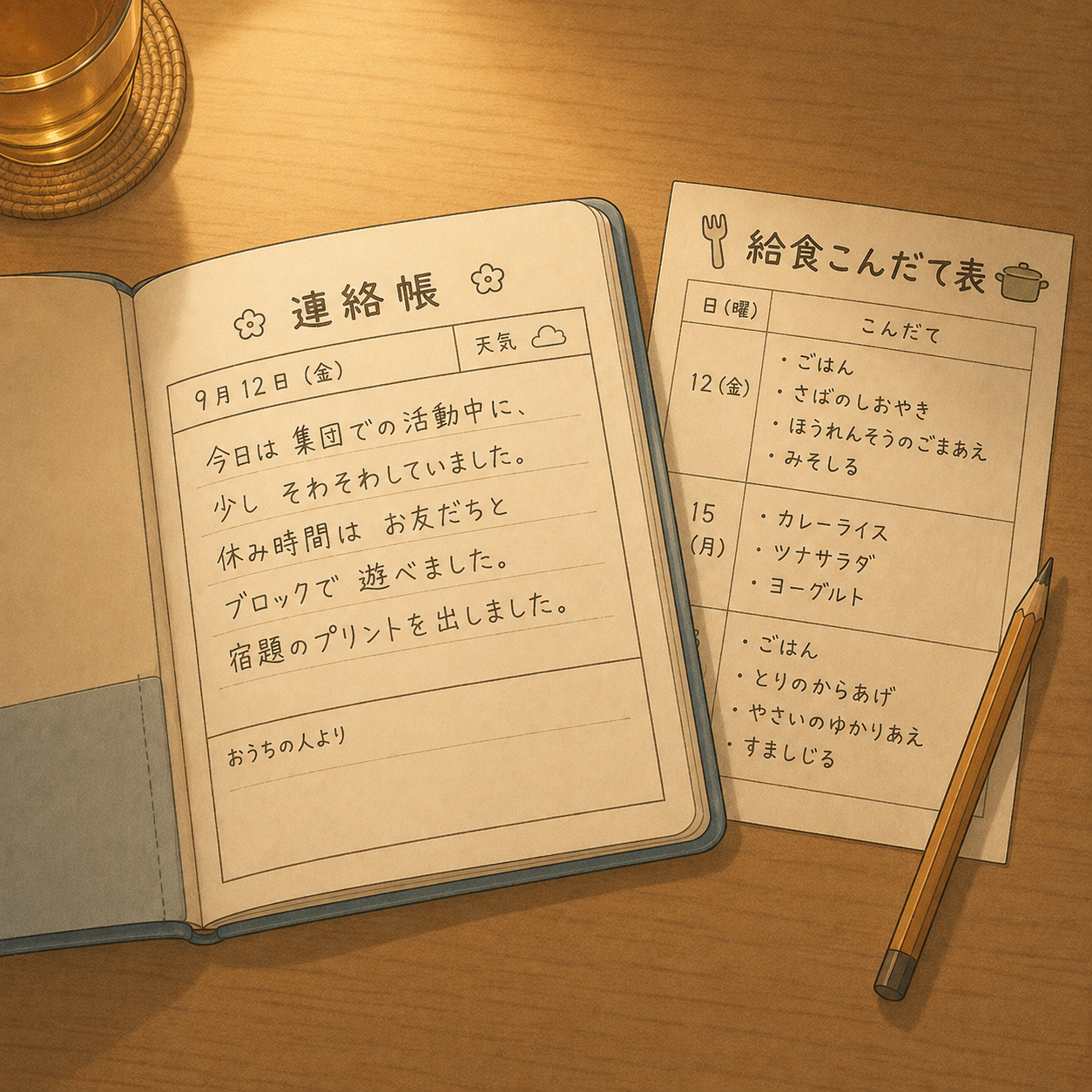 連絡帳と給食の献立表