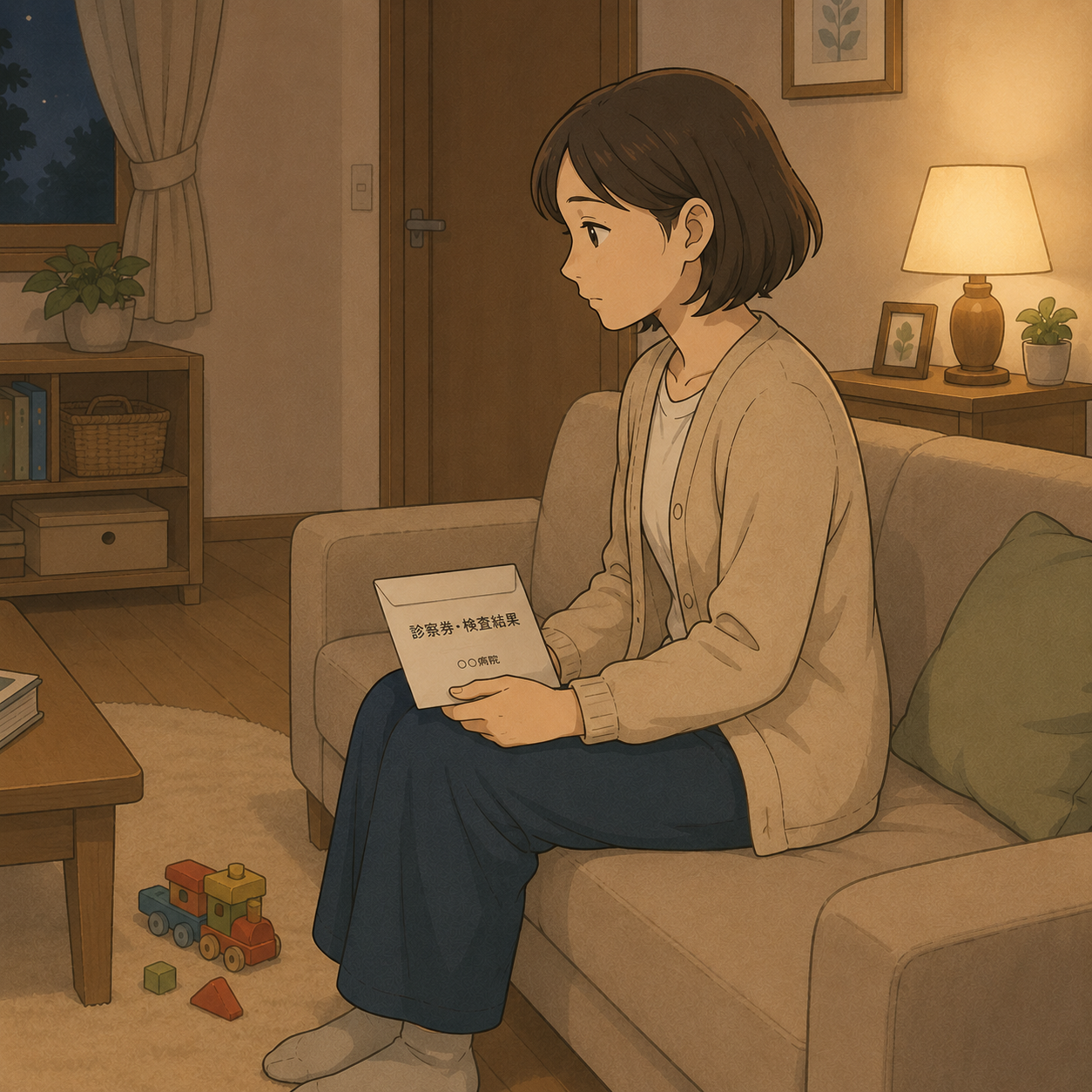 検査結果の封筒を開けられずに座る母