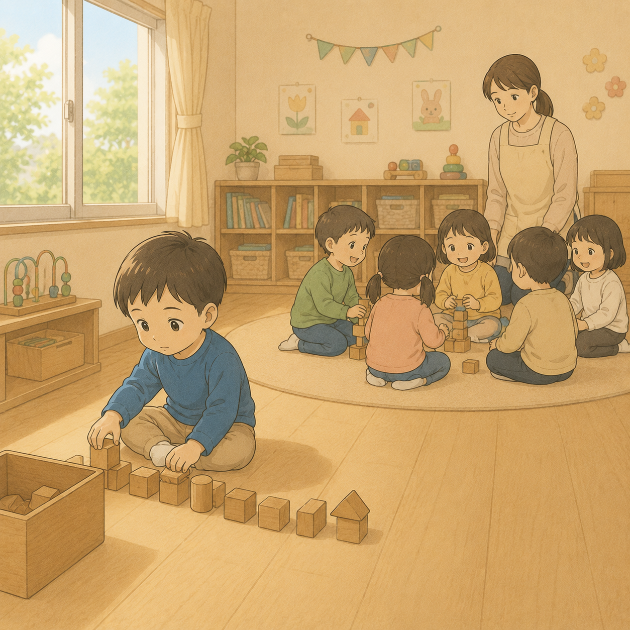 保育園で一人ブロックを並べる2歳児