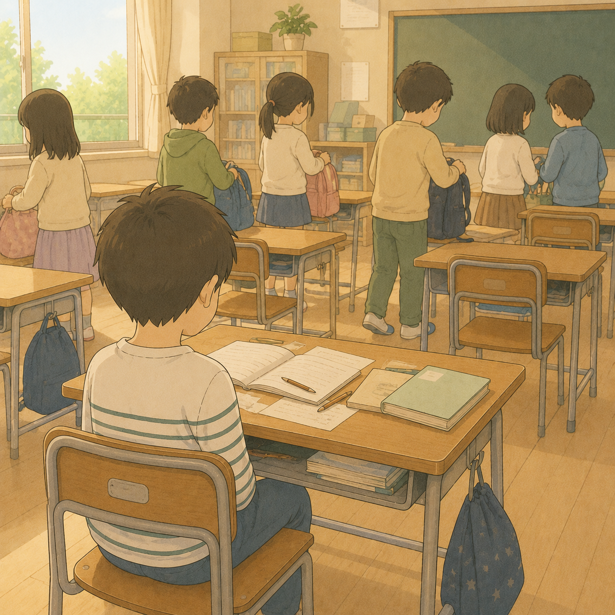 みんなが帰り支度を始めた教室で、ひとりだけ机に向かったまま動けずにいる長男の後ろ姿