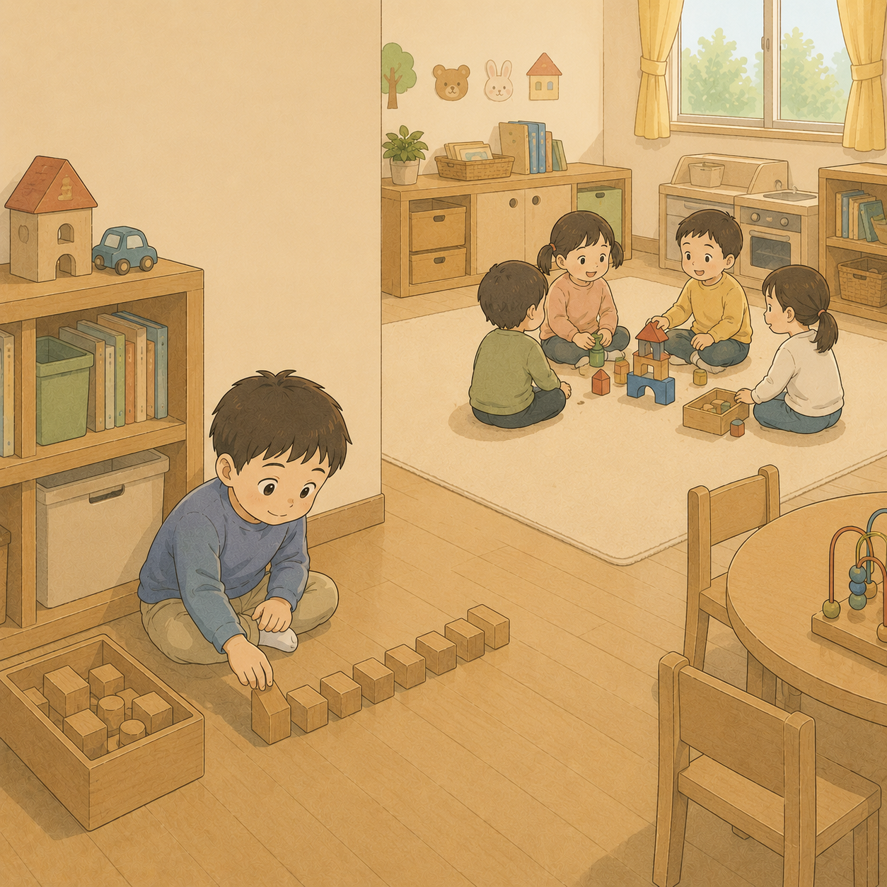 保育園の部屋のすみでひとりブロックを並べる次男と、奥で一緒に遊ぶ他の子どもたち