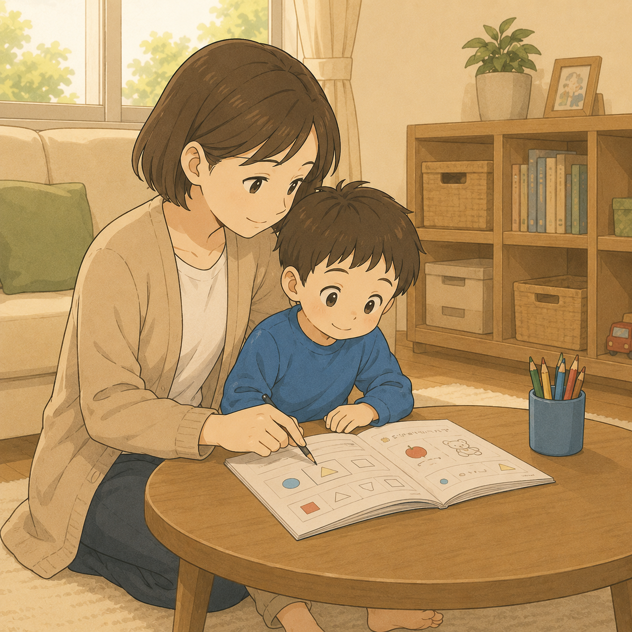机を嫌がる幼児期の次男を母の膝に乗せて、一緒にワークを見ている様子