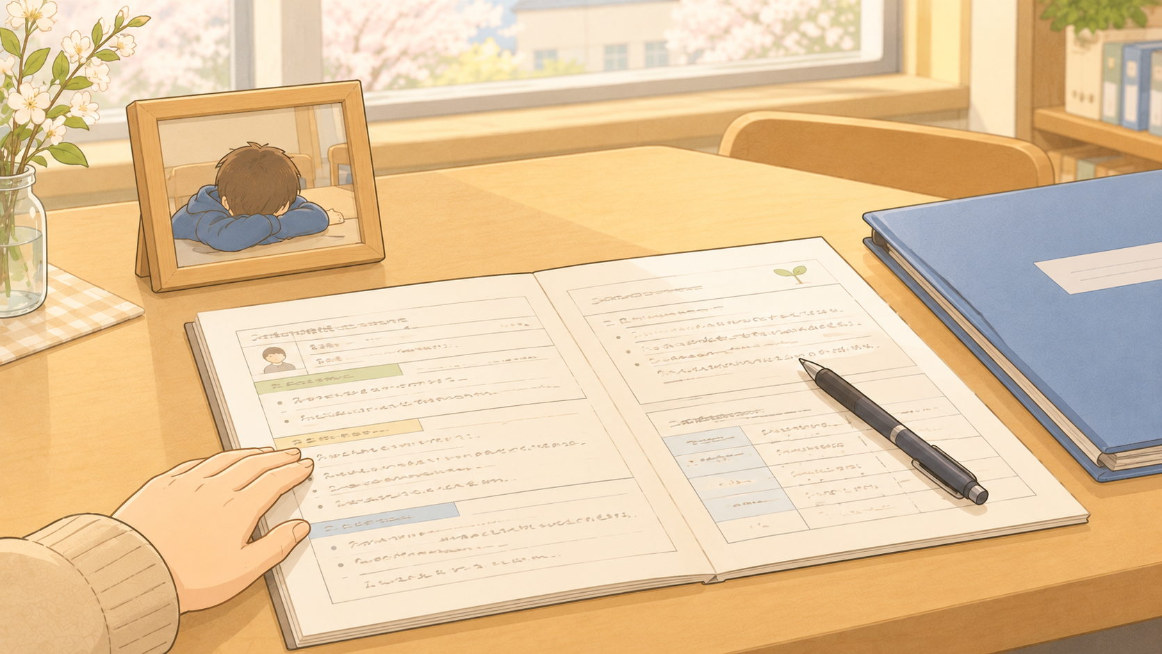 春の机に開かれた個別の教育支援計画の書類とペン