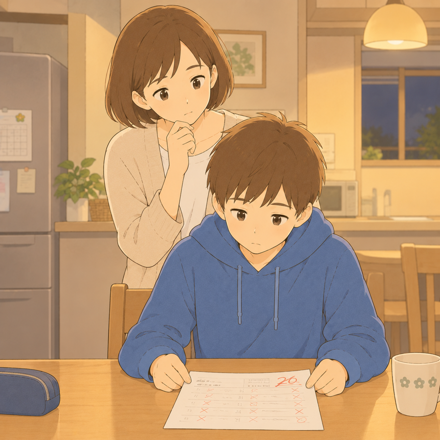 返ってきたテストを見つめる中学生と後ろで見守る母親のイラスト