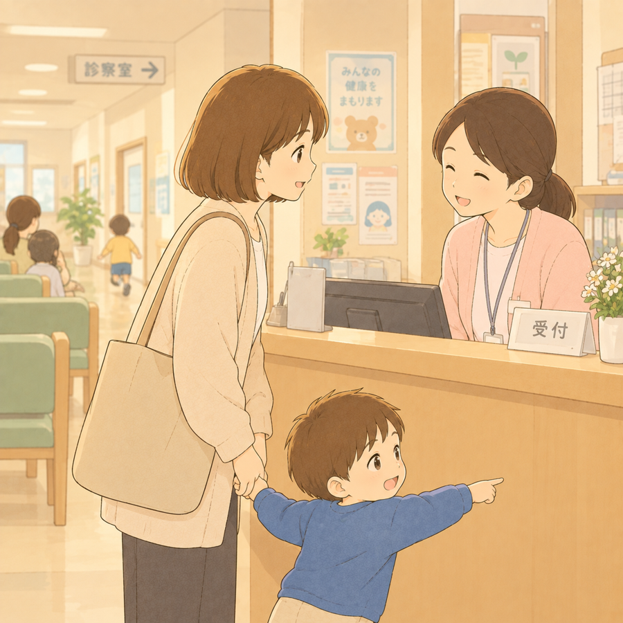 病院の受付で話す母親と走り出しそうな幼児のイラスト