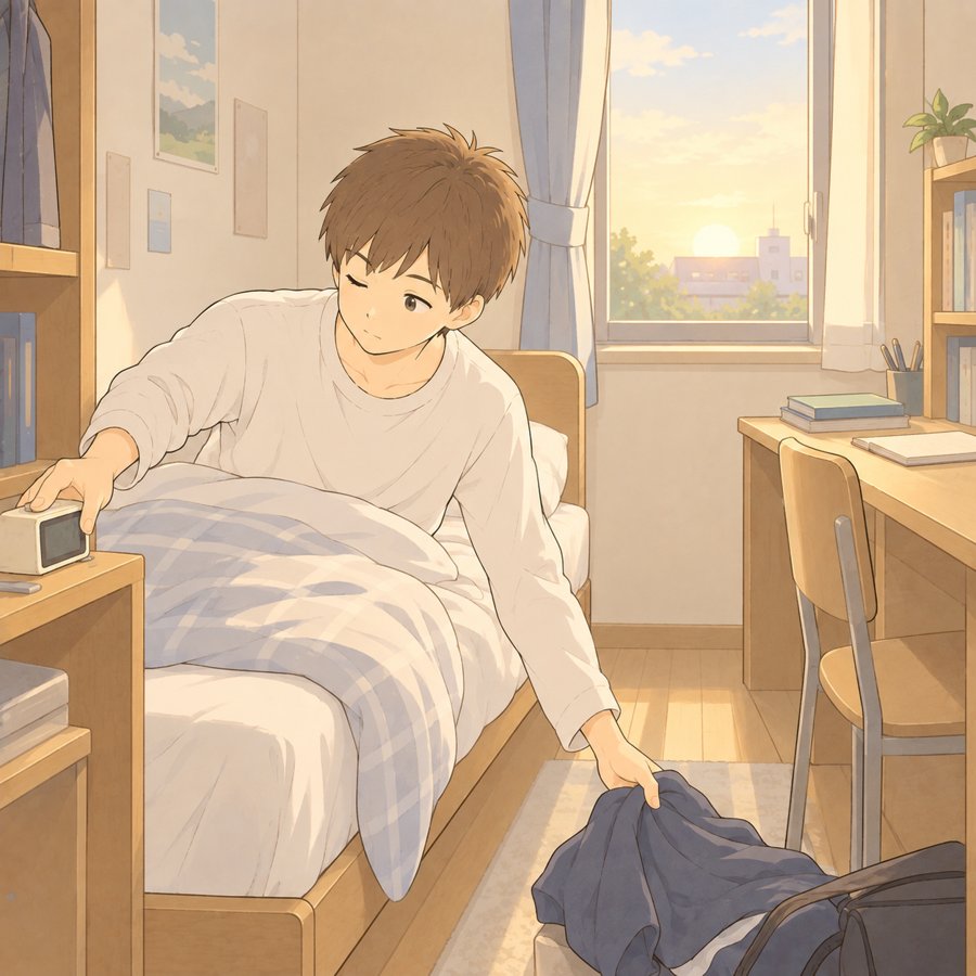 寮の部屋で自分で目覚ましを止めて起きる高専生のイラスト