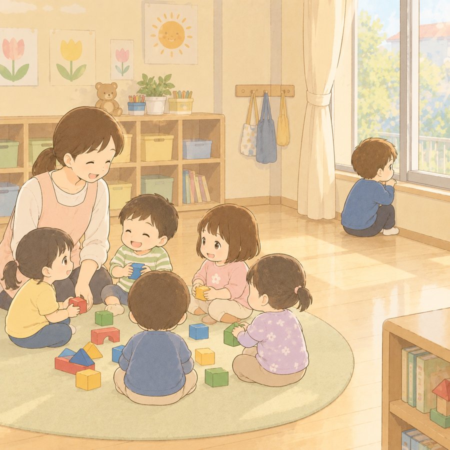 保育園でみんなから離れて窓辺にひとり座る2歳の男の子のイラスト