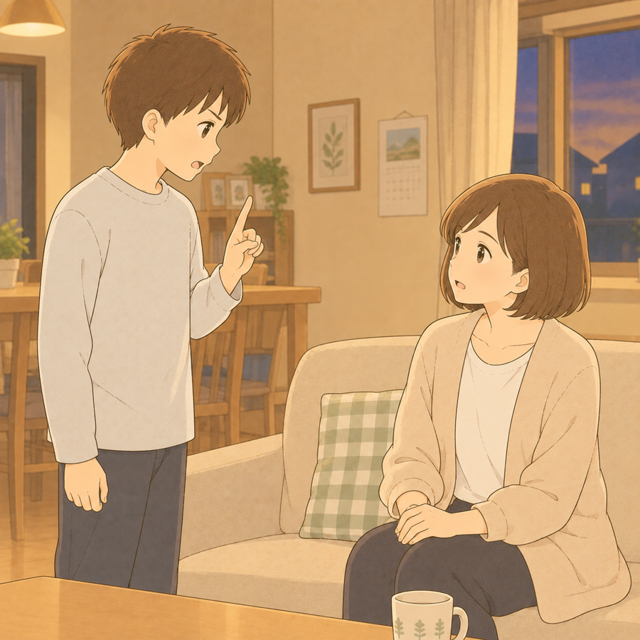 指を1本立てて自分の考えを話す中学生と聞く母親のイラスト