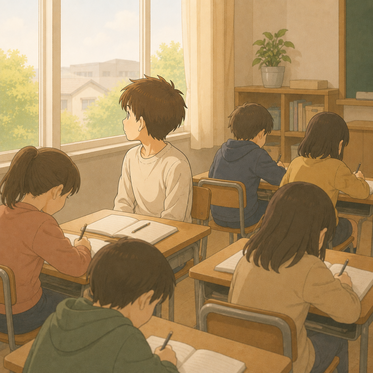 窓の外を見ている男の子。周りの子は書いている