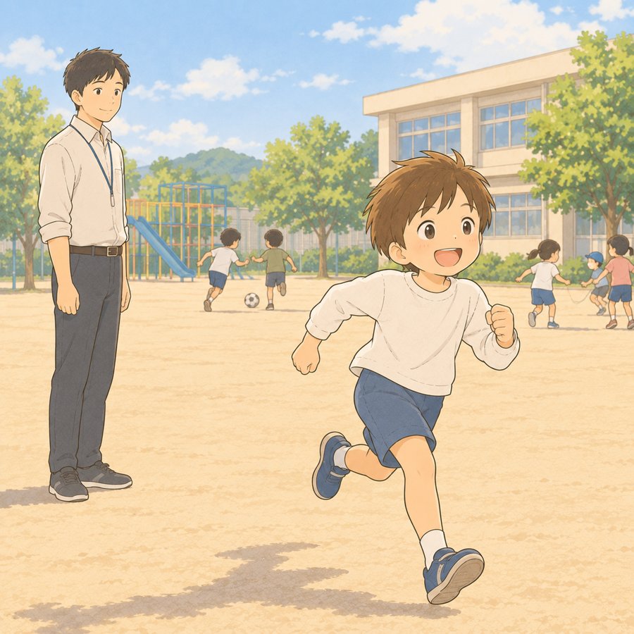 休み時間の校庭を走る小学生と見守る先生のイラスト