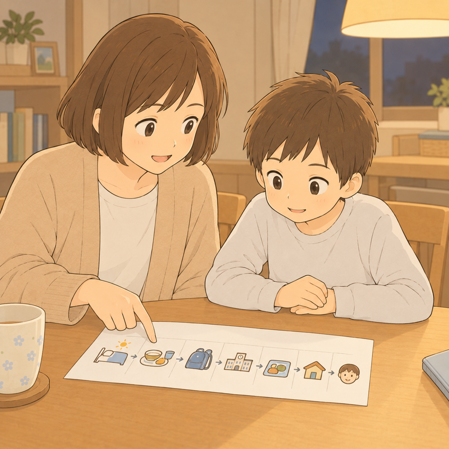 絵カードで翌日の予定の見通しを伝える母と子のイラスト