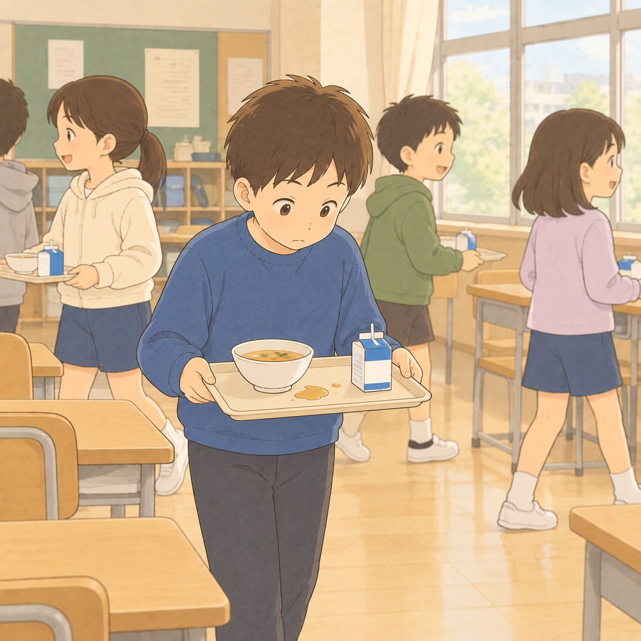 給食のトレーを両手で持ってゆっくり運ぶ男の子