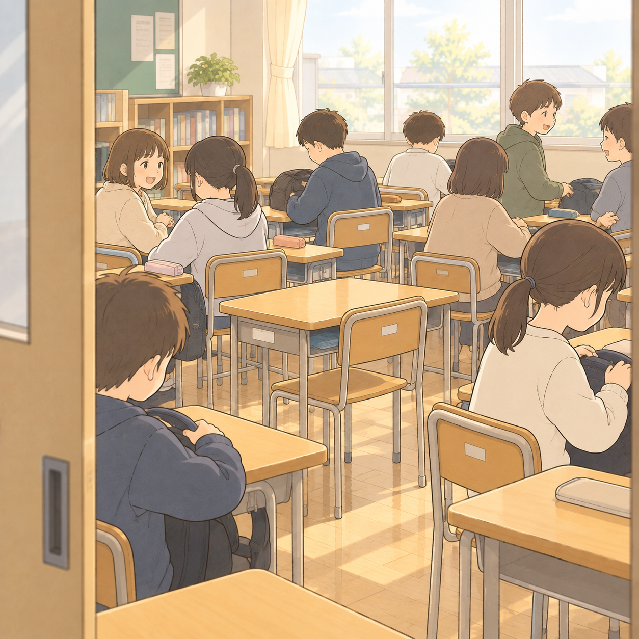 朝の教室。真ん中の列にひとつだけ空いている席