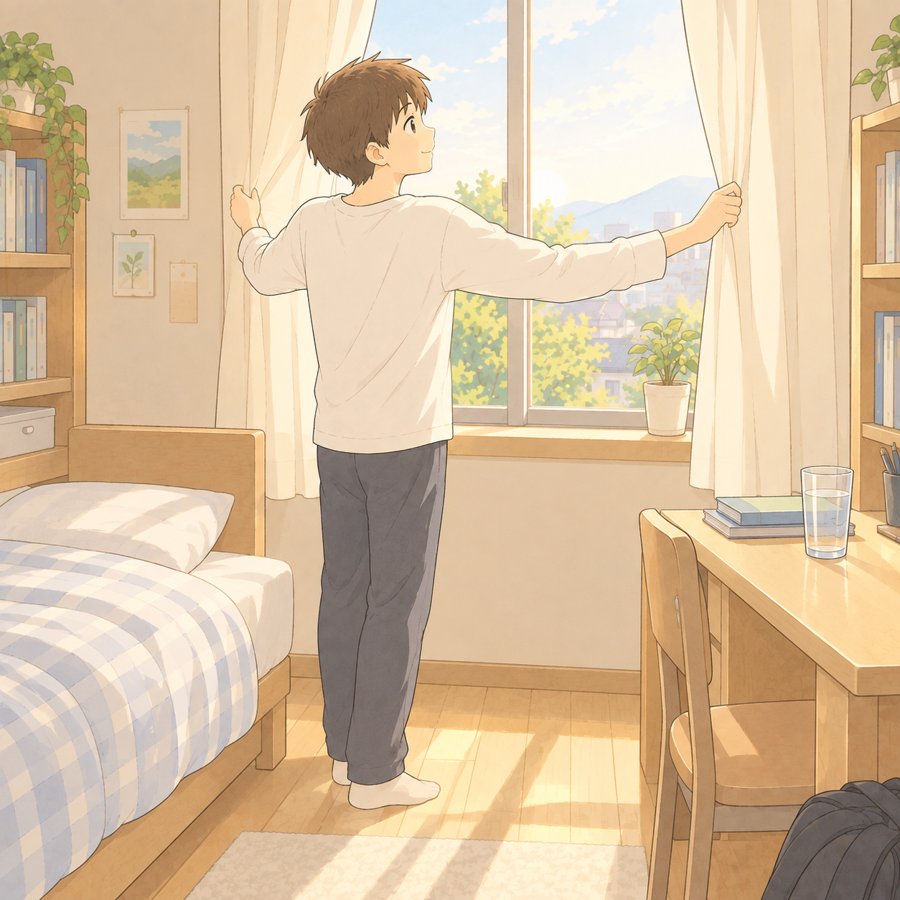 朝にカーテンを開ける高校生のイラスト