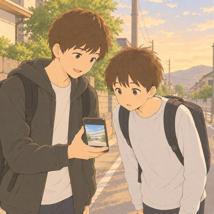 年上の友達にスマホの写真を見せてもらう中学生のイラスト