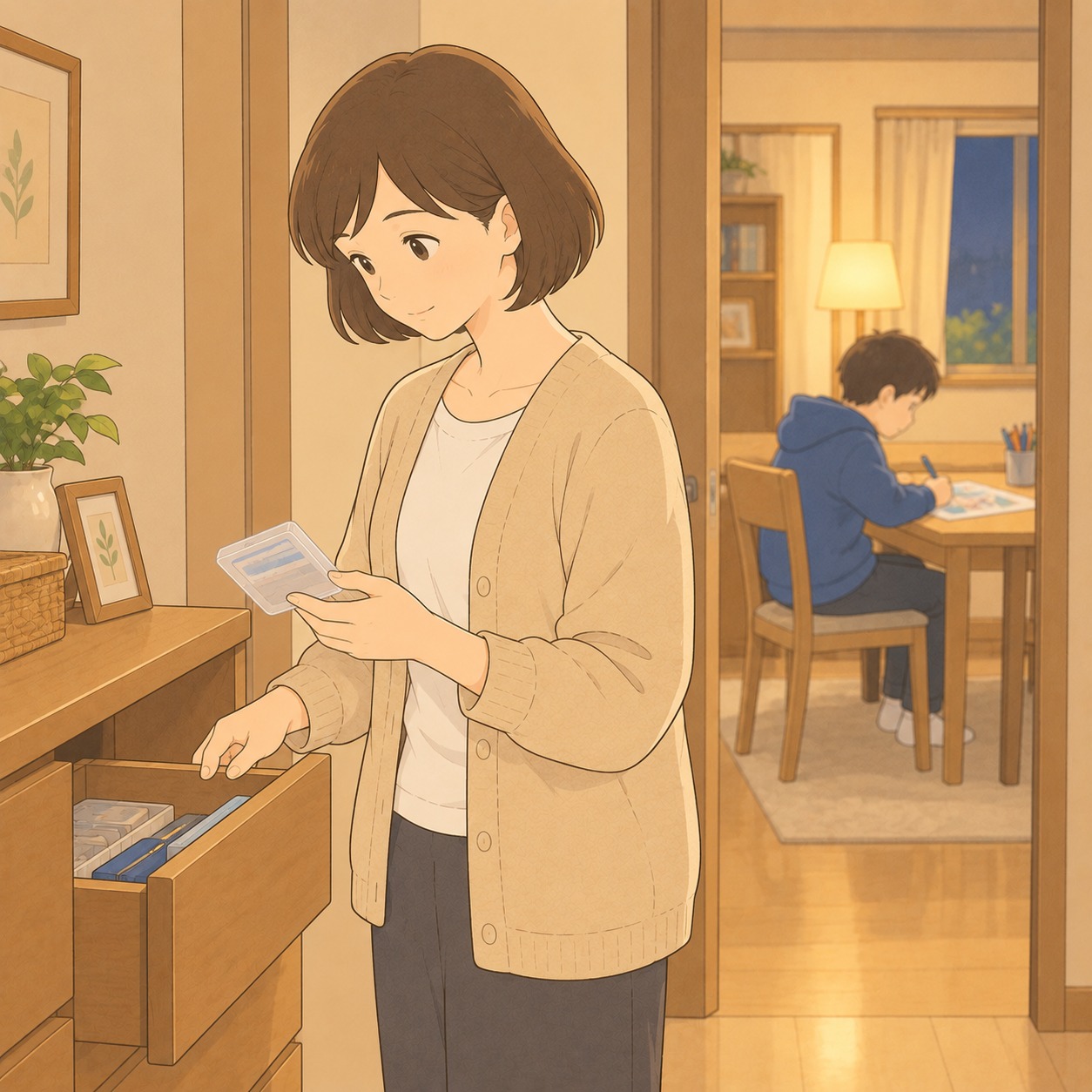 カードケースを見てから引き出しにしまう母。奥の部屋で絵を描く息子