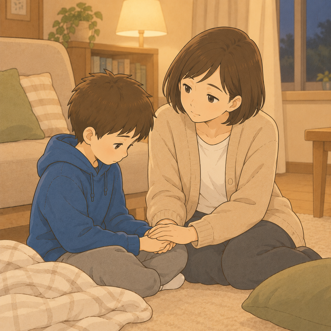 落ち着いたあと、男の子の手をそっと両手で包む母
