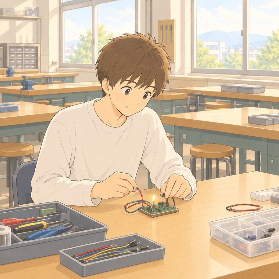 高専の実習室で回路を組んでライトを点ける高専生のイラスト