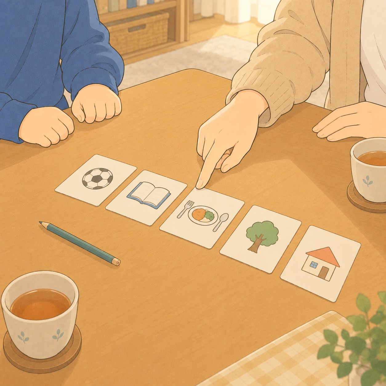 低いテーブルに並べた手書きの問題カードを指さす母の手と、男の子の手