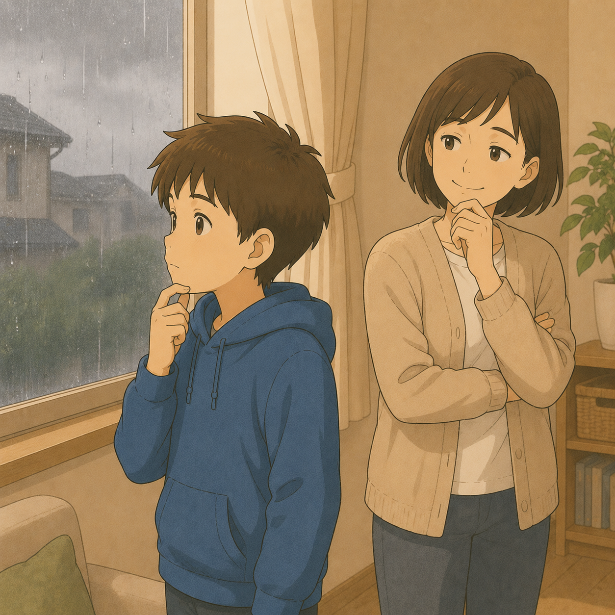 雨の窓辺で考えこむ男の子と、そばで笑う母