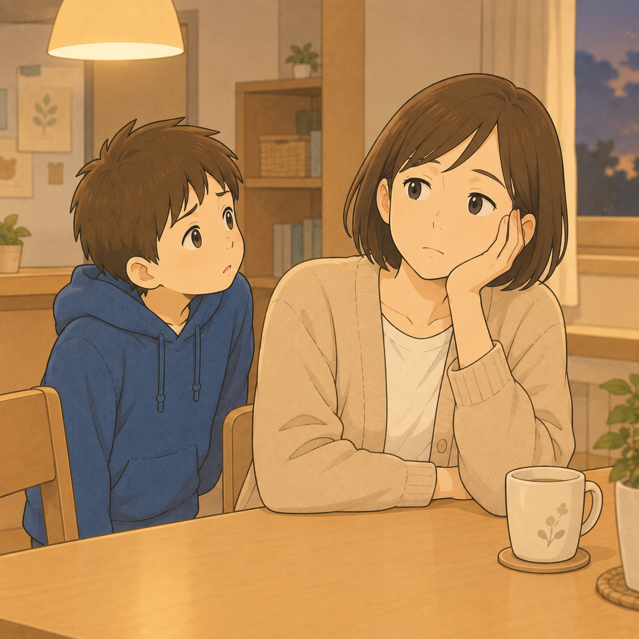 ぼんやりしている母の顔をのぞきこむ男の子