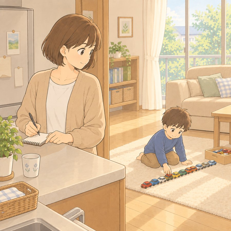 ミニカーを並べる幼児を見ながらメモを取る母のイラスト