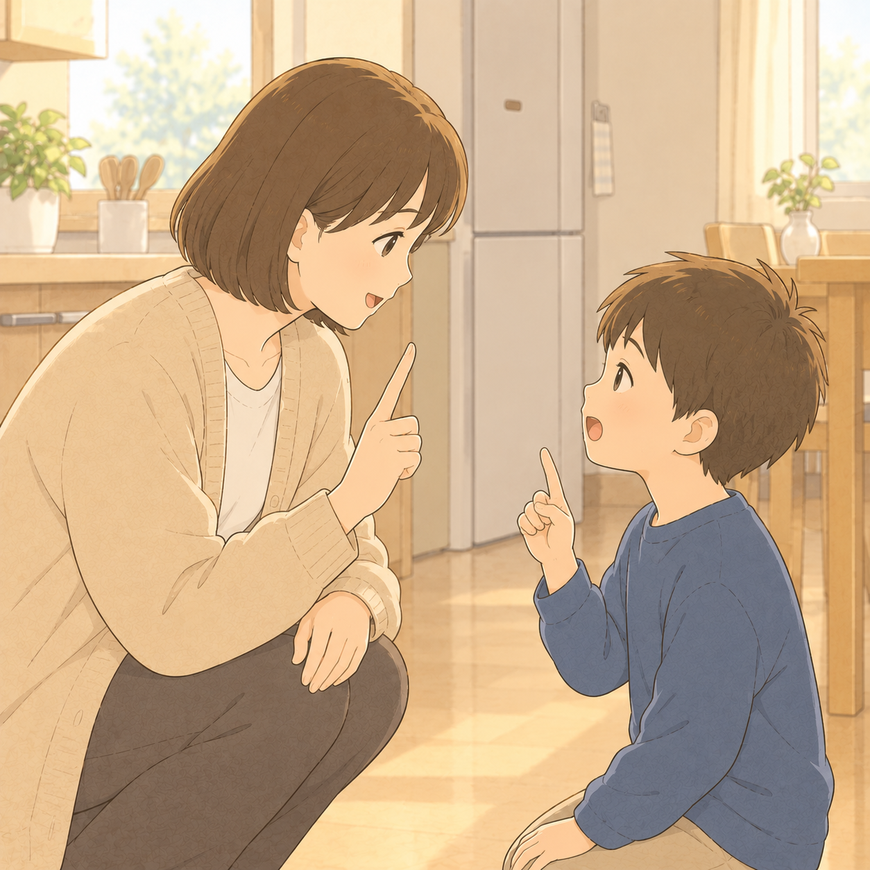 台所で母の言葉を復唱する男の子。聞いて覚える強みを使う場面