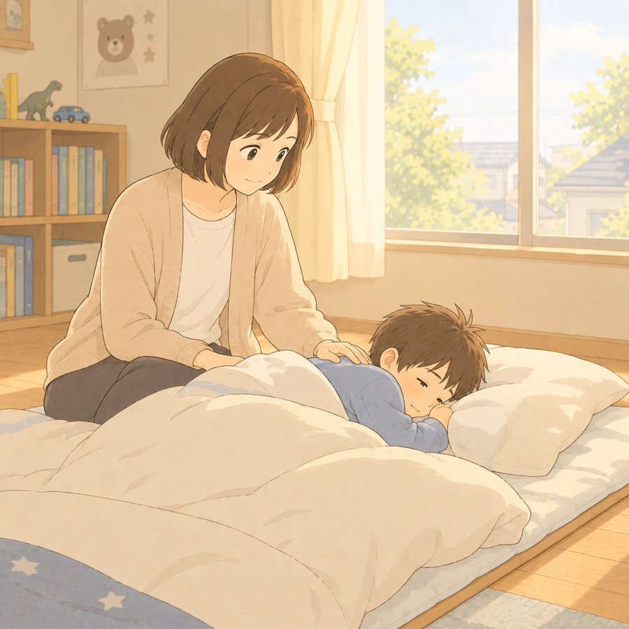 朝カーテンを開けて背中をさすりながら起こす母のイラスト