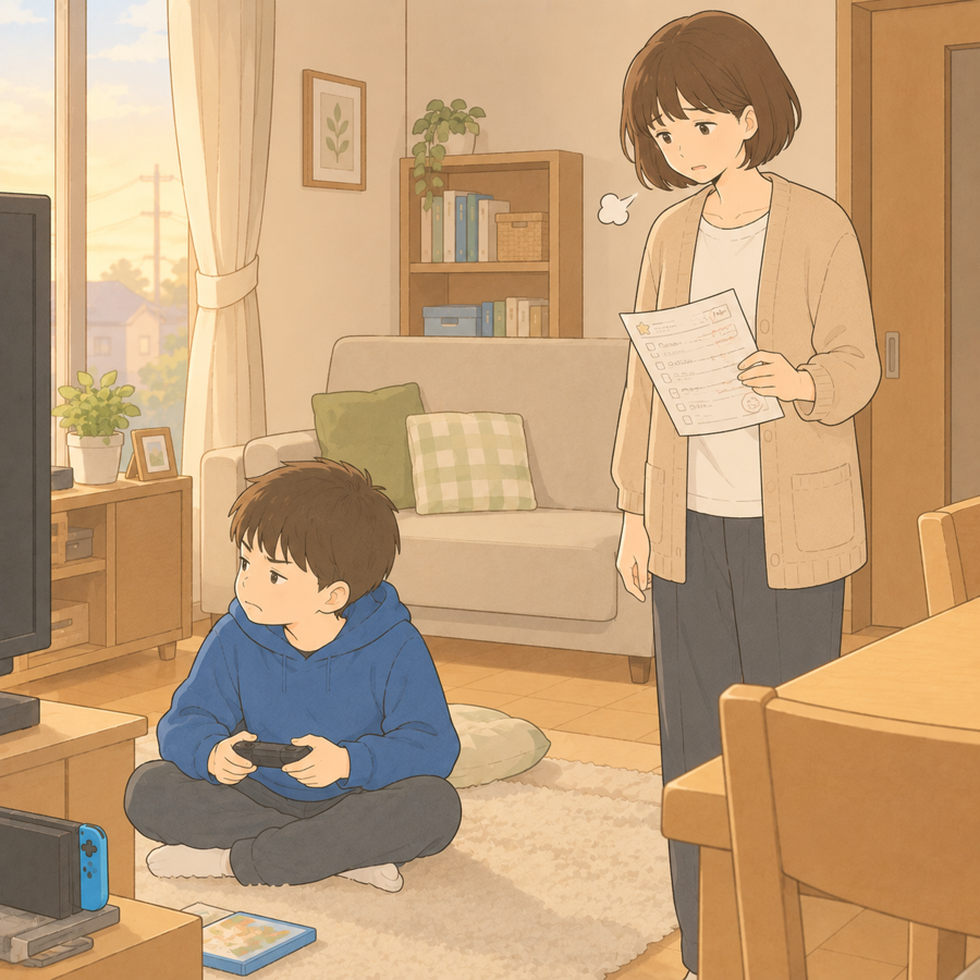 ゲームを握って目をそらす男の子と宿題プリントを持ってため息をつく母親のイラスト