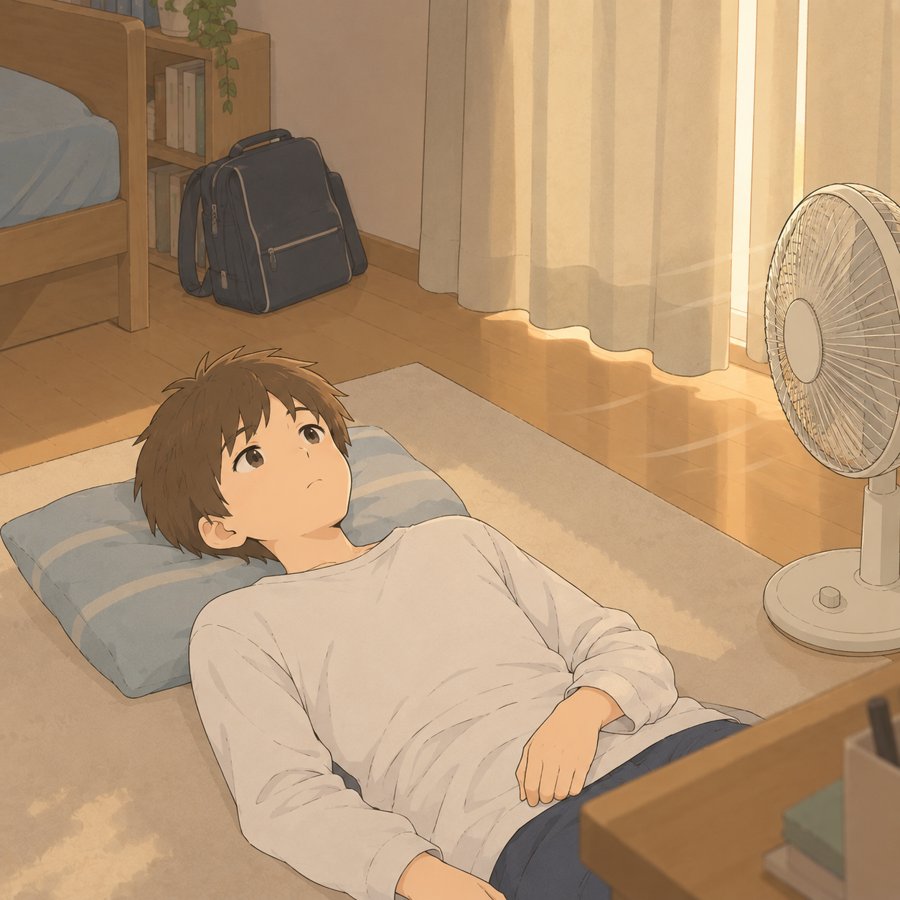 夏の午後、扇風機の横で床に寝転び天井を見つめる中学生の長男