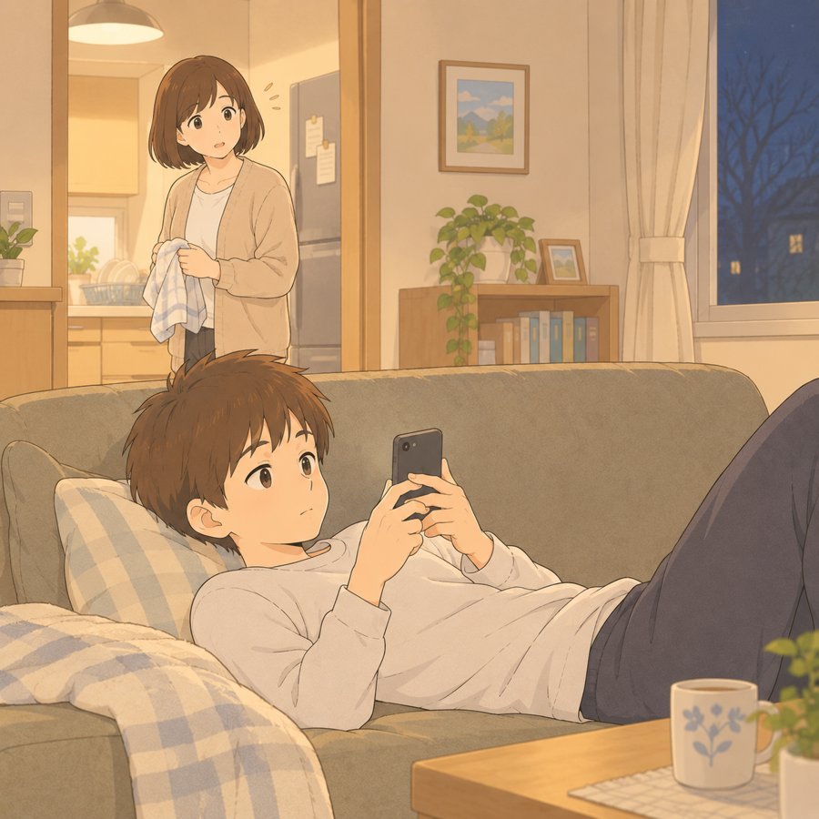 冬の夜、ソファでスマホを見るいつも通りの長男と、少し驚いてほっとする母