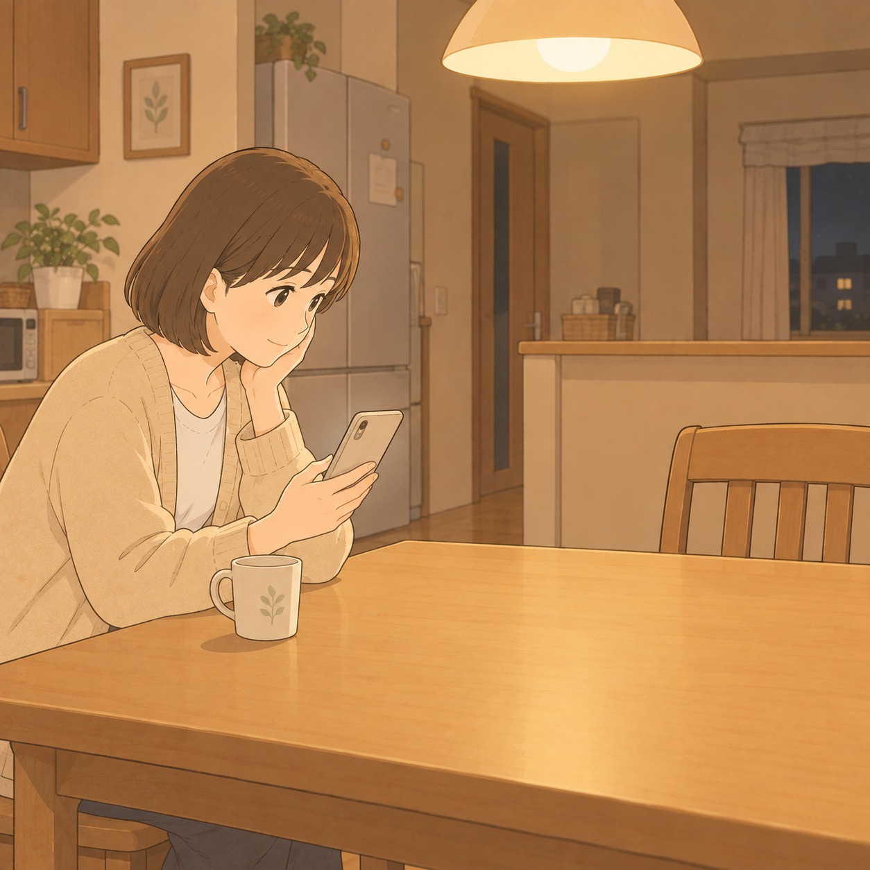 夜の台所。届いた短いメッセージを見て少しほっとする母