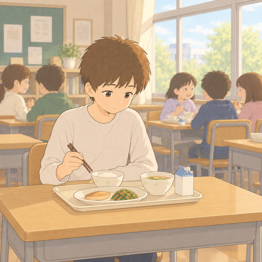 薬を飲み始めたころ給食が進まない小学生のイラスト