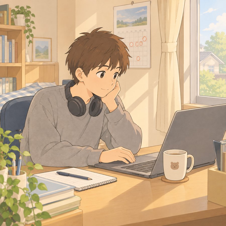 朝の部屋で、自分のペースでノートパソコンに向かう高校生